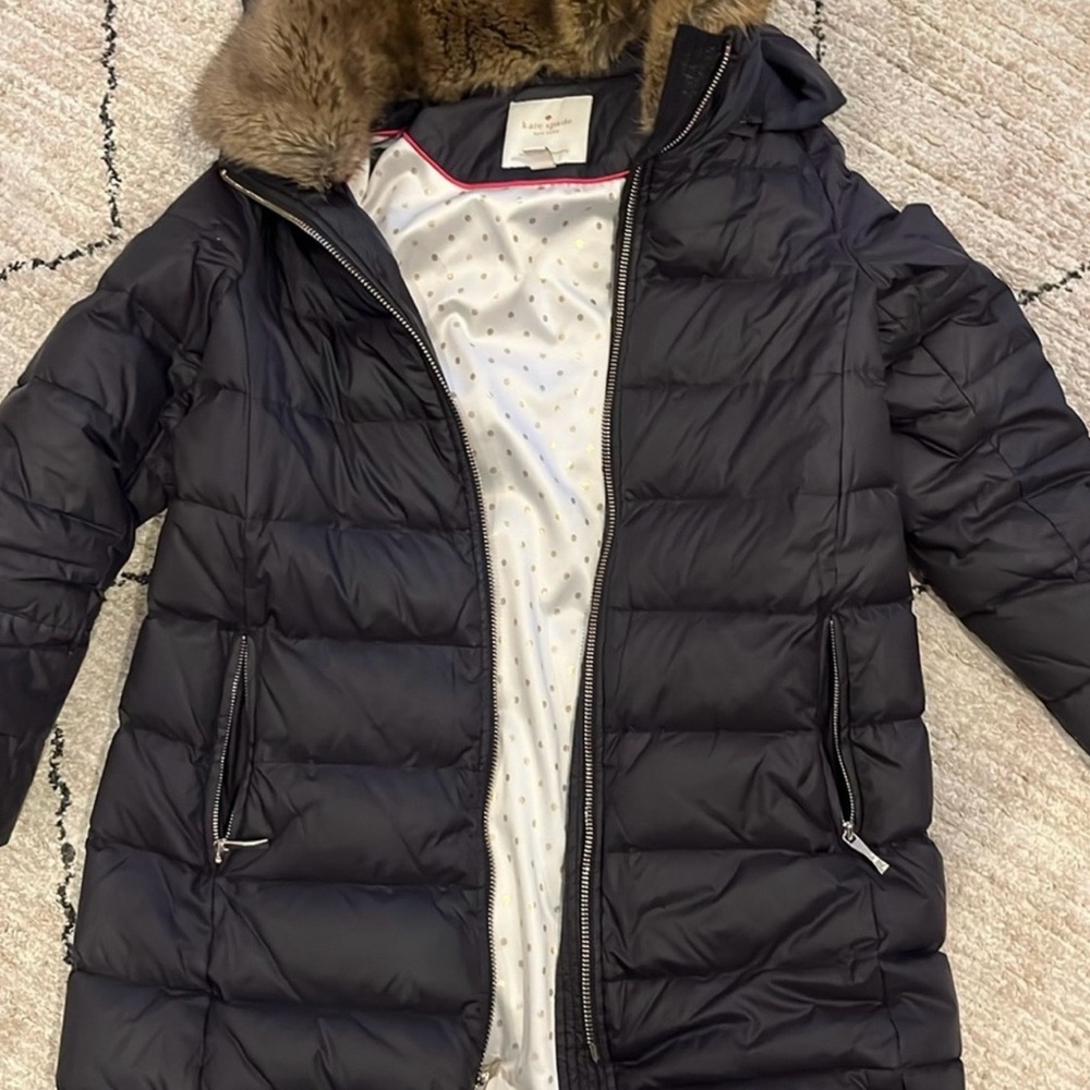 kate spade Black Puffer Jacket with Brown Faux Fur